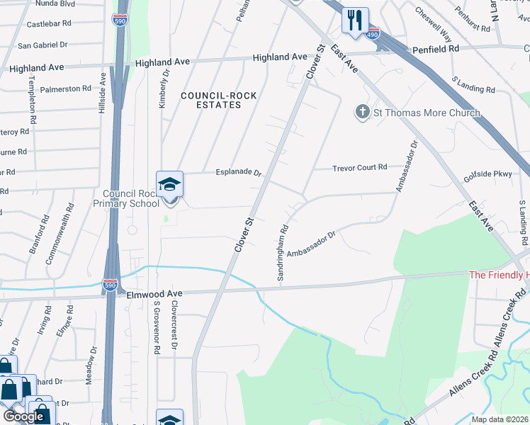 map of restaurants, bars, coffee shops, grocery stores, and more near 1392 Clover Street in Rochester
