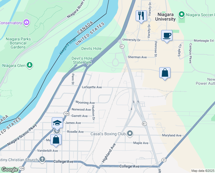 map of restaurants, bars, coffee shops, grocery stores, and more near 4860 University Court in Niagara Falls