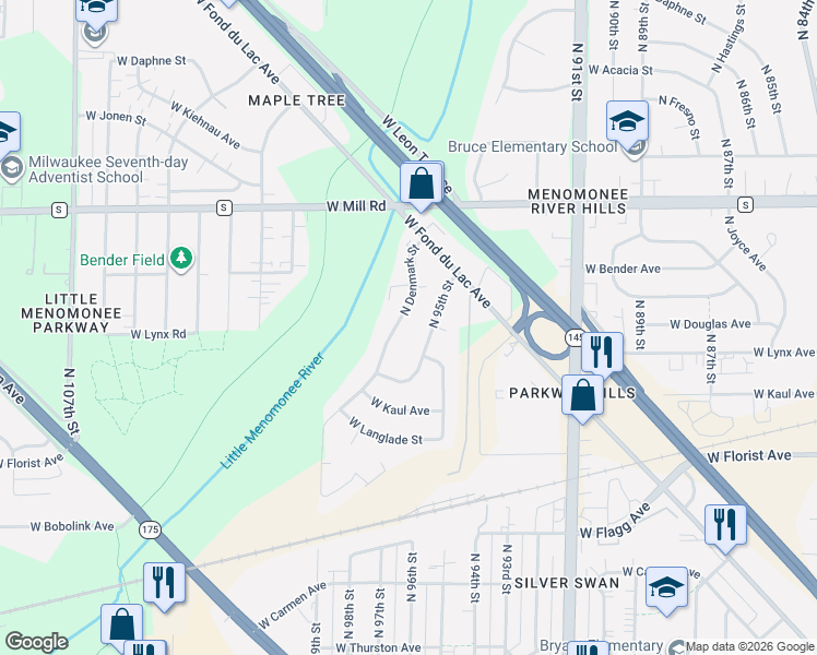 map of restaurants, bars, coffee shops, grocery stores, and more near 6224 North Denmark Street in Milwaukee