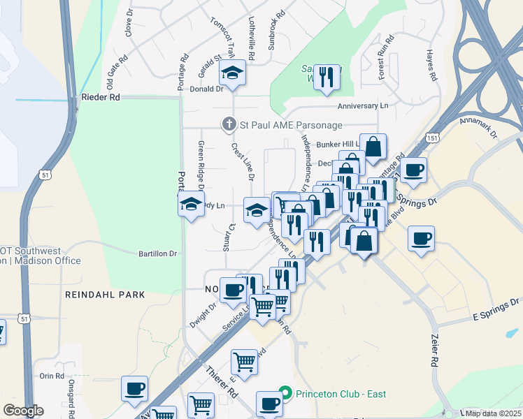 map of restaurants, bars, coffee shops, grocery stores, and more near 4310 Melody Lane in Madison