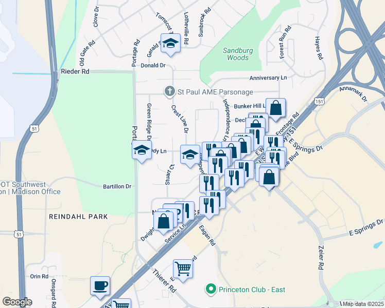 map of restaurants, bars, coffee shops, grocery stores, and more near 2406 Crest Line Drive in Madison