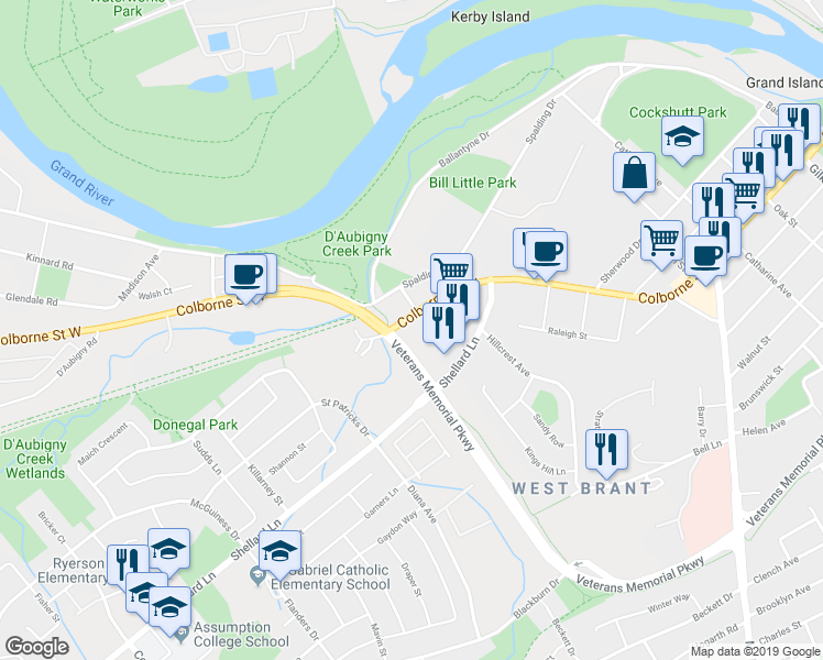 map of restaurants, bars, coffee shops, grocery stores, and more near 340 Colborne Street West in Brantford