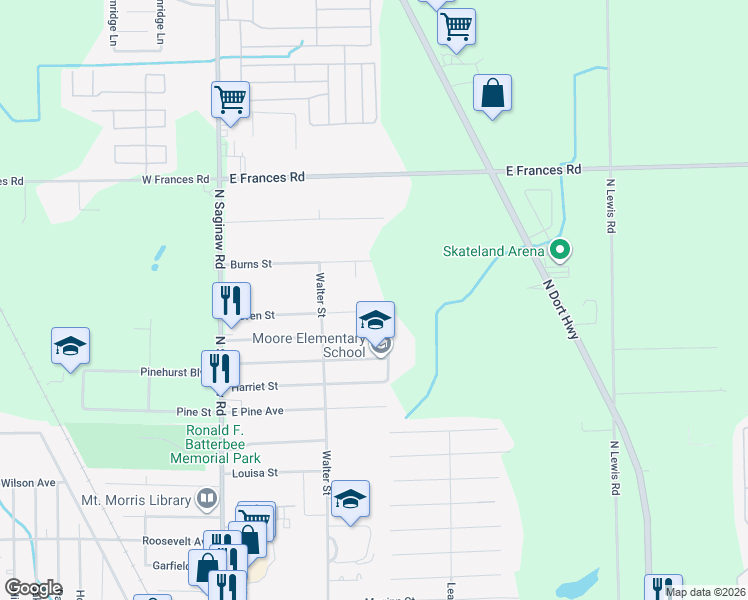 map of restaurants, bars, coffee shops, grocery stores, and more near 1175 Haven Street in Mount Morris
