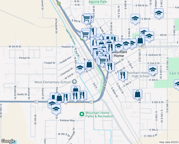 map of restaurants, bars, coffee shops, grocery stores, and more near 195 North 2nd West in Mountain Home