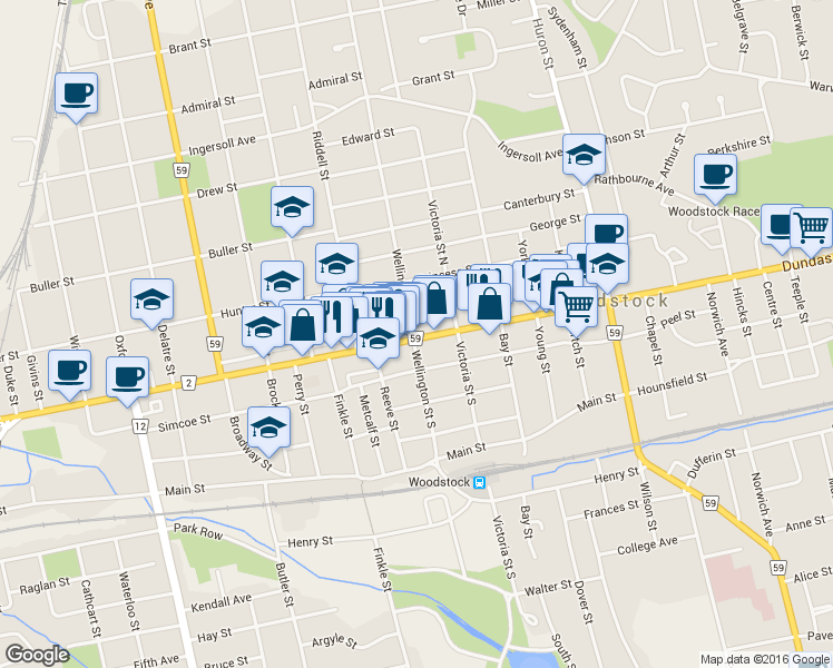 map of restaurants, bars, coffee shops, grocery stores, and more near 539 Dundas Street in Woodstock
