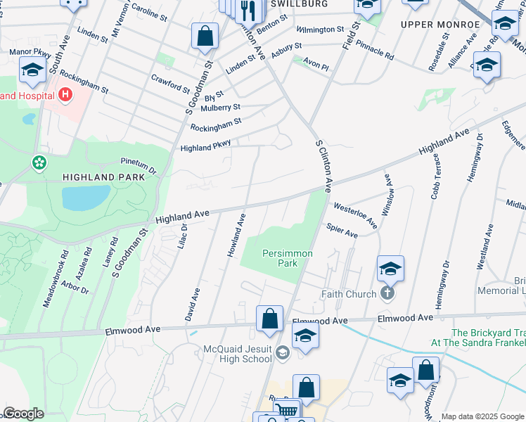 map of restaurants, bars, coffee shops, grocery stores, and more near 749 Highland Avenue in Rochester