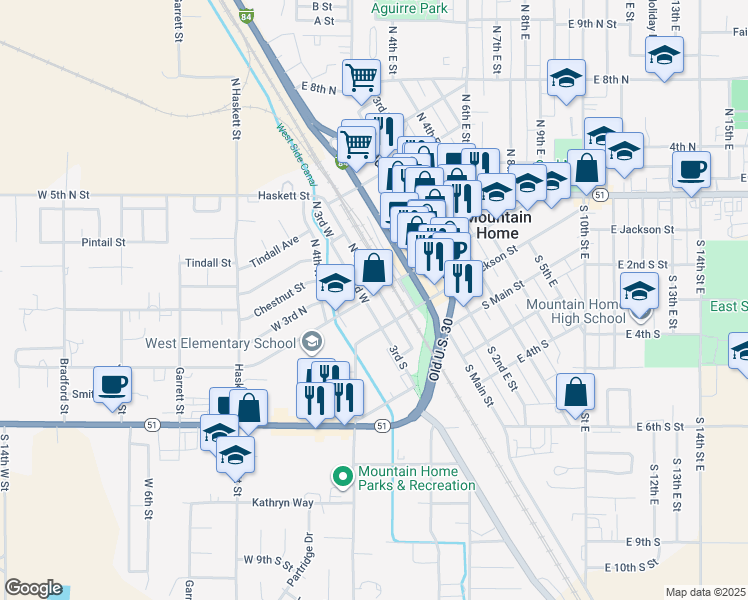 map of restaurants, bars, coffee shops, grocery stores, and more near 210 North 3rd West in Mountain Home