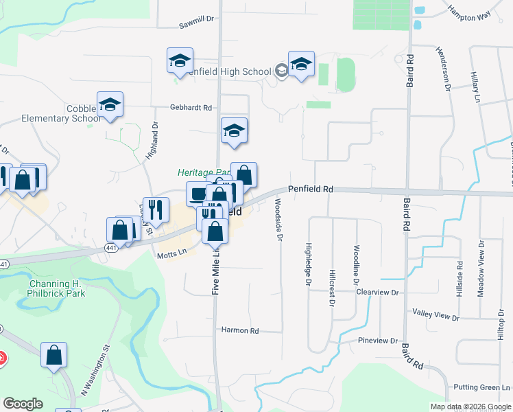 map of restaurants, bars, coffee shops, grocery stores, and more near 1860 New York 441 in Penfield