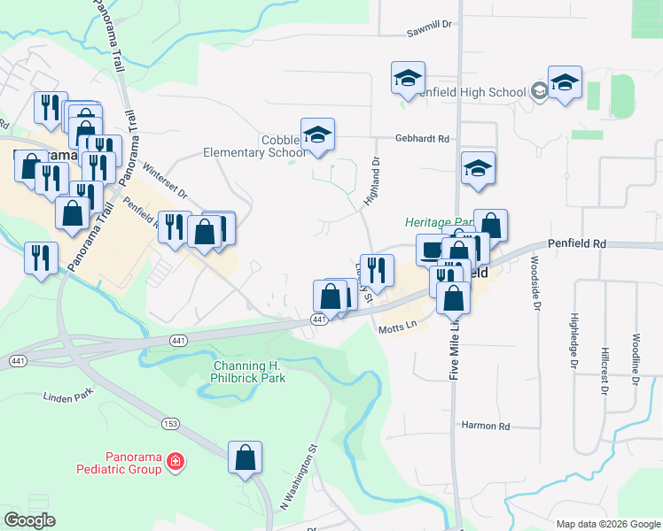 map of restaurants, bars, coffee shops, grocery stores, and more near 19 Cobblestone Crossing in Penfield