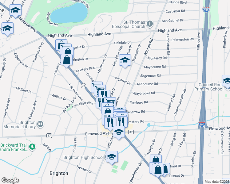 map of restaurants, bars, coffee shops, grocery stores, and more near 271 Rhinecliff Drive in Rochester