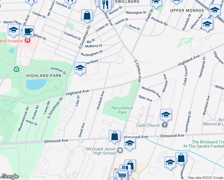 map of restaurants, bars, coffee shops, grocery stores, and more near 749 Highland Avenue in Rochester