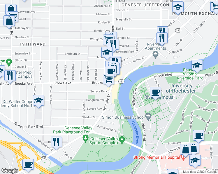 map of restaurants, bars, coffee shops, grocery stores, and more near in Rochester