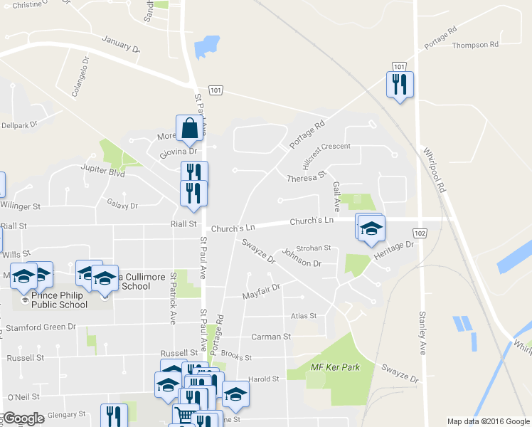 map of restaurants, bars, coffee shops, grocery stores, and more near 6015 Church's Lane in Niagara Falls