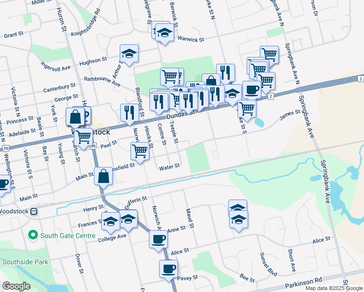 map of restaurants, bars, coffee shops, grocery stores, and more near 39 Teeple Street in Woodstock