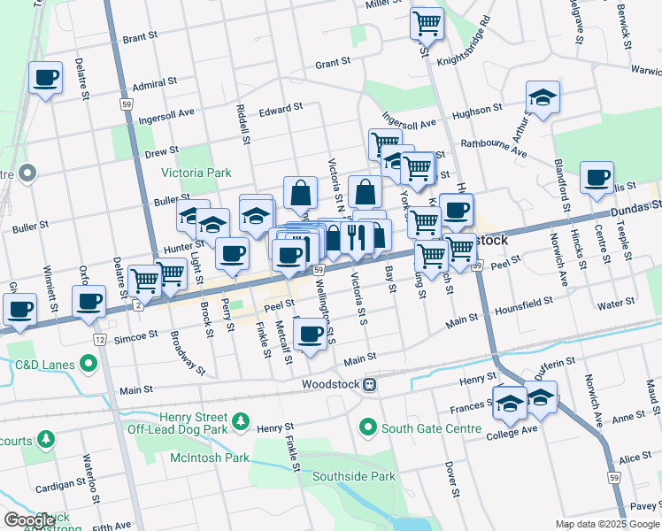 map of restaurants, bars, coffee shops, grocery stores, and more near 539 Dundas Street in Woodstock