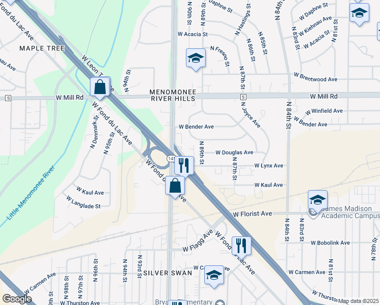 map of restaurants, bars, coffee shops, grocery stores, and more near 6218 West Lynx Avenue in Milwaukee