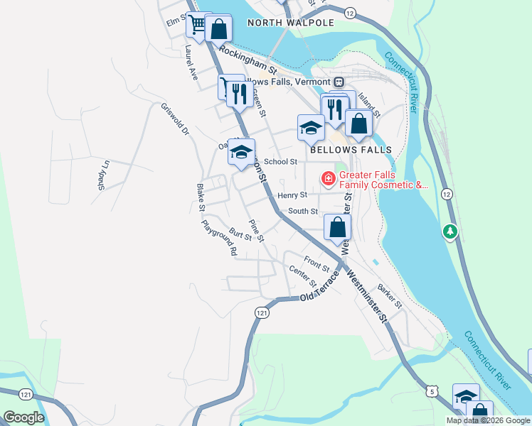 map of restaurants, bars, coffee shops, grocery stores, and more near 25 Henry Street in Town of Rockingham