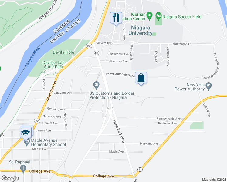 map of restaurants, bars, coffee shops, grocery stores, and more near 4715 Hyde Park Boulevard in Niagara Falls