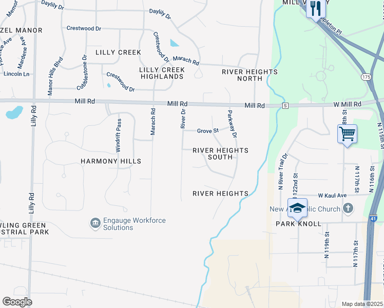 map of restaurants, bars, coffee shops, grocery stores, and more near N62W12852 River Heights Drive in Menomonee Falls