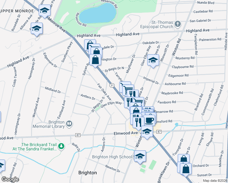 map of restaurants, bars, coffee shops, grocery stores, and more near 1660 Monroe Avenue in Rochester