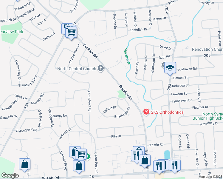 map of restaurants, bars, coffee shops, grocery stores, and more near 7423 Buckley Road in Syracuse