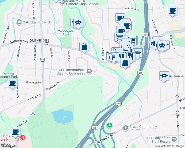 map of restaurants, bars, coffee shops, grocery stores, and more near 192 Woodside Drive in St. Catharines