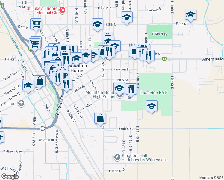 map of restaurants, bars, coffee shops, grocery stores, and more near 300 South 11th East in Mountain Home