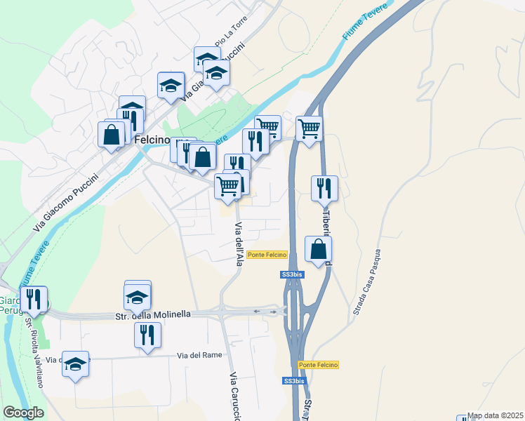map of restaurants, bars, coffee shops, grocery stores, and more near 12 Via Matilde Serao in Ponte Felcino
