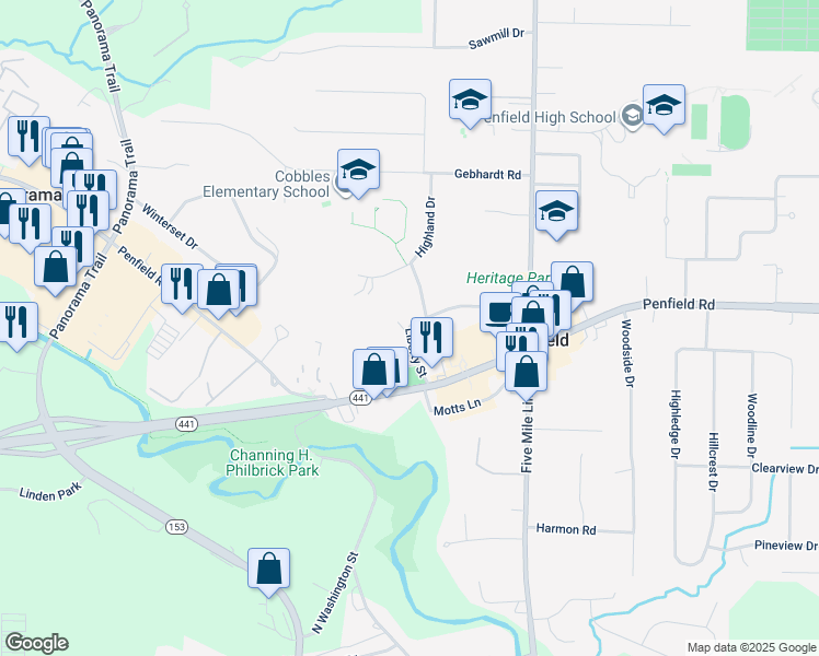 map of restaurants, bars, coffee shops, grocery stores, and more near 758 Liberty Street in Penfield