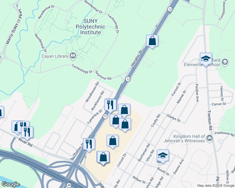 map of restaurants, bars, coffee shops, grocery stores, and more near Horatio Street in Utica