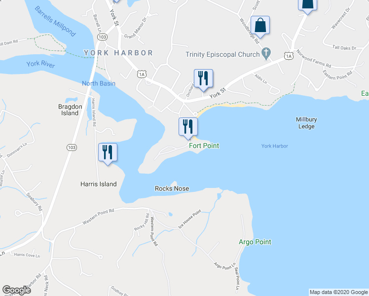 map of restaurants, bars, coffee shops, grocery stores, and more near 9 Stage Neck Road in York