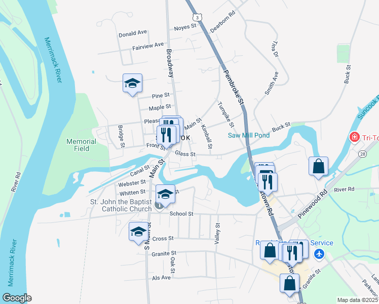 map of restaurants, bars, coffee shops, grocery stores, and more near 36 Church Street in Suncook