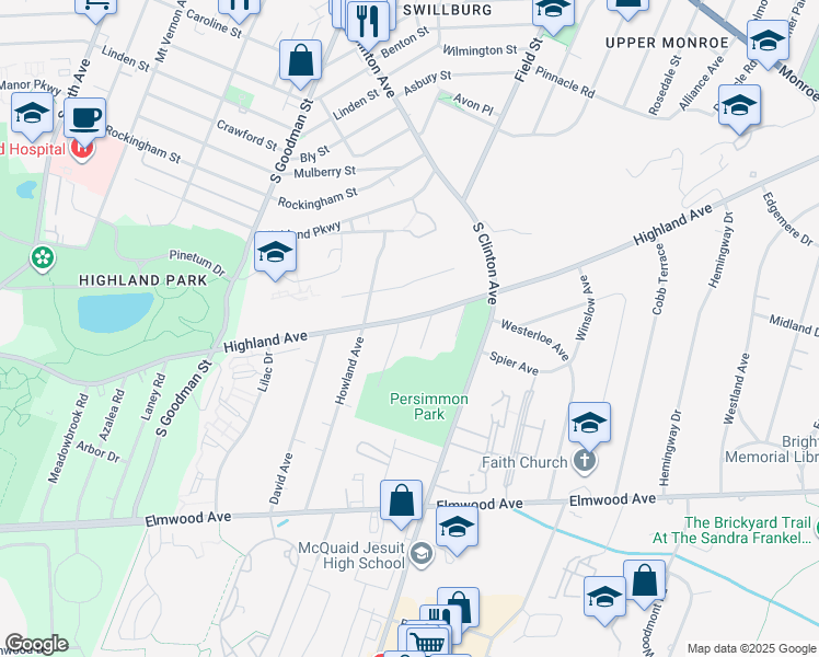 map of restaurants, bars, coffee shops, grocery stores, and more near 749 Highland Avenue in Rochester