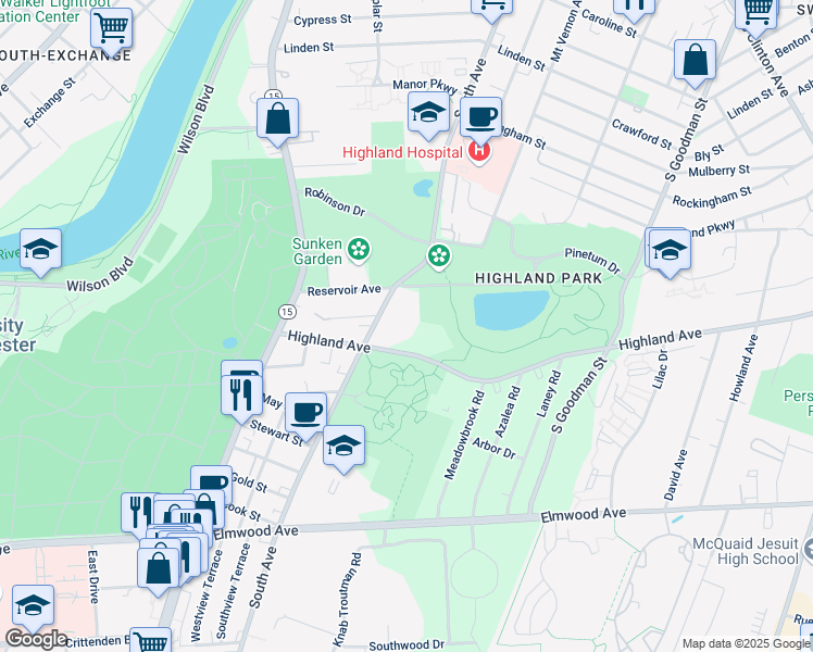 map of restaurants, bars, coffee shops, grocery stores, and more near 171 Reservoir Avenue in Rochester