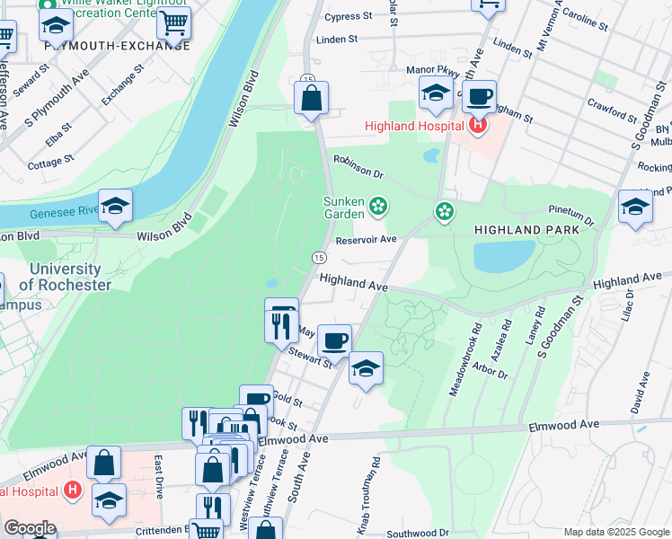 map of restaurants, bars, coffee shops, grocery stores, and more near 77 Pavilion Street in Rochester