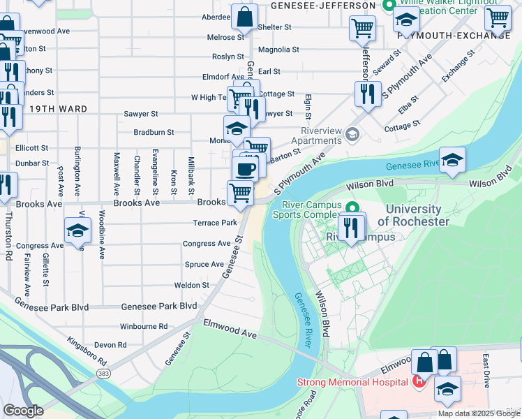 map of restaurants, bars, coffee shops, grocery stores, and more near in Rochester
