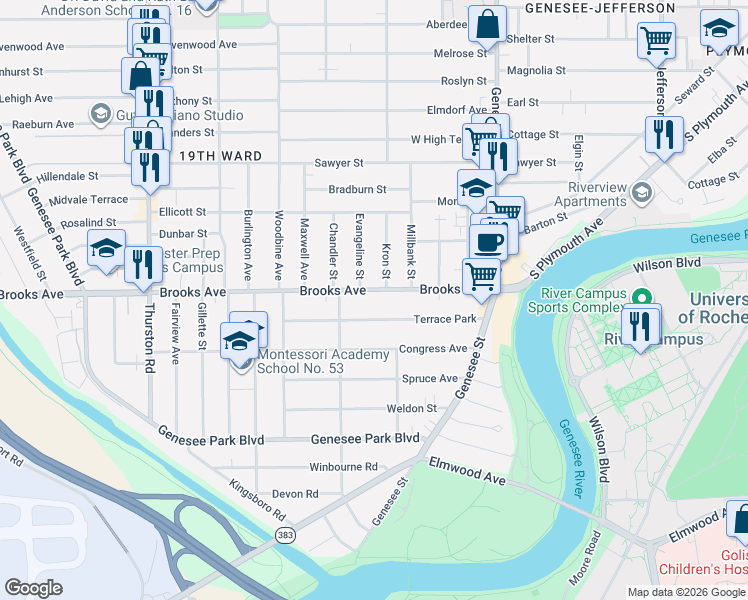 map of restaurants, bars, coffee shops, grocery stores, and more near 231 Brooks Avenue in Rochester