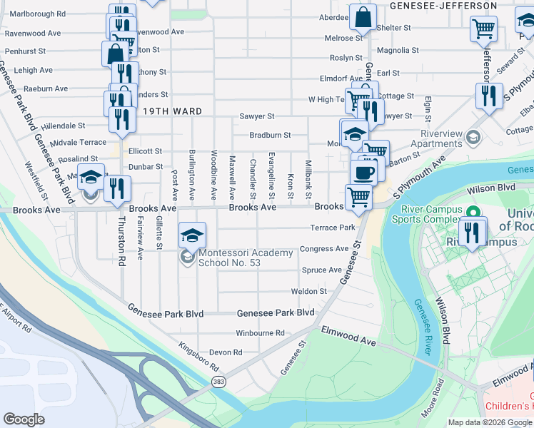 map of restaurants, bars, coffee shops, grocery stores, and more near 231 Brooks Avenue in Rochester