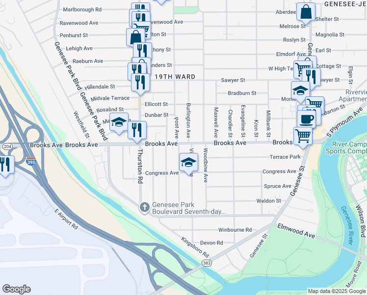 map of restaurants, bars, coffee shops, grocery stores, and more near in Rochester