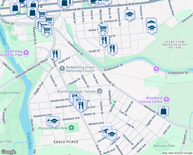 map of restaurants, bars, coffee shops, grocery stores, and more near 10 Fair Avenue in Brantford