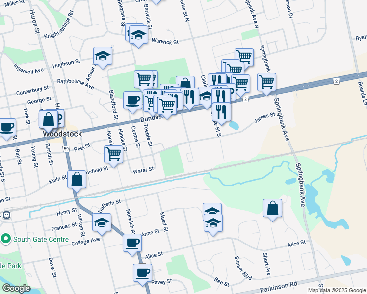 map of restaurants, bars, coffee shops, grocery stores, and more near 1 James Street in Woodstock