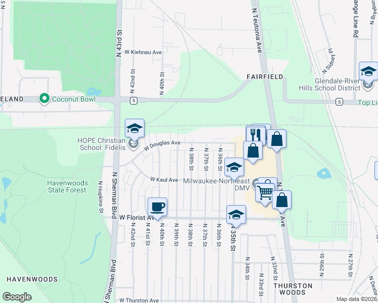 map of restaurants, bars, coffee shops, grocery stores, and more near 3809 West Douglas Avenue in Milwaukee