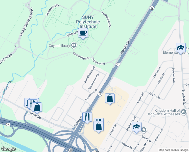 map of restaurants, bars, coffee shops, grocery stores, and more near 520 Woodhaven Road in Utica