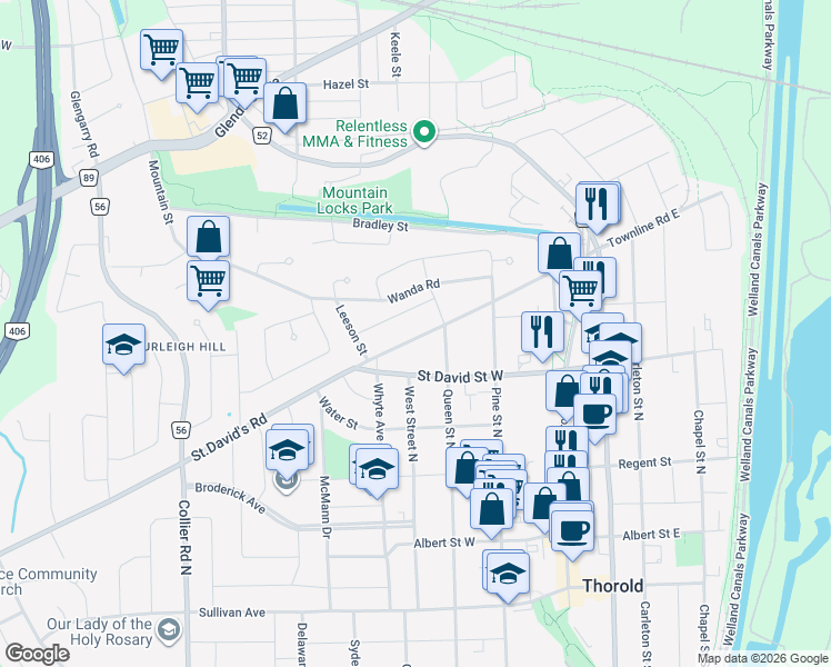 map of restaurants, bars, coffee shops, grocery stores, and more near 100 Townline Road West in Saint Catharines