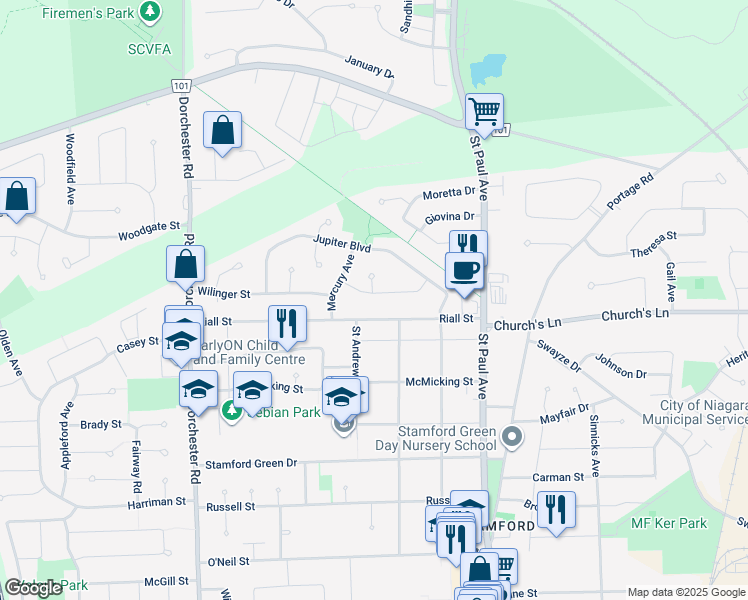 map of restaurants, bars, coffee shops, grocery stores, and more near 6476 Galaxy Drive in Niagara Falls