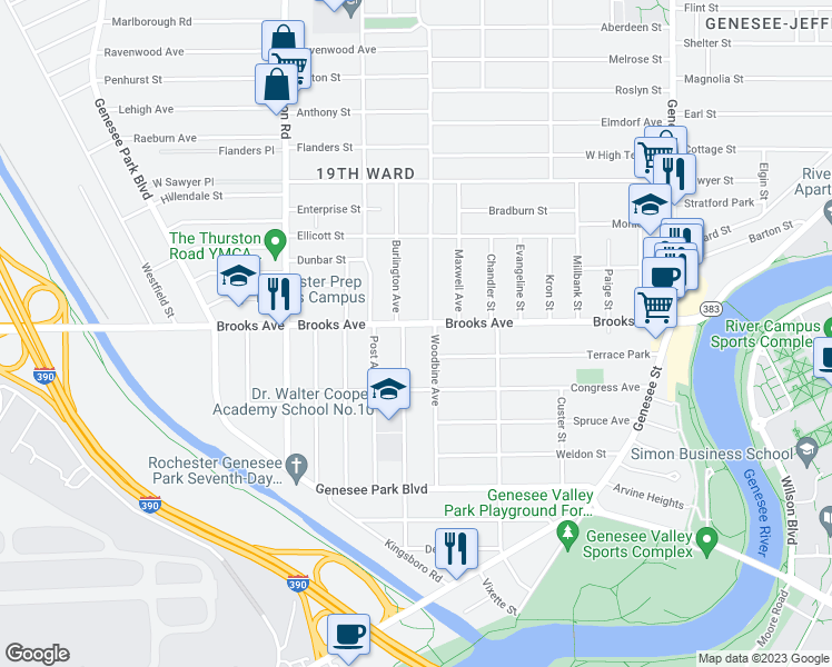 map of restaurants, bars, coffee shops, grocery stores, and more near 393 Brooks Avenue in Rochester