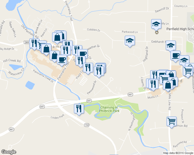 map of restaurants, bars, coffee shops, grocery stores, and more near 1694 Penfield Rd in Penfield