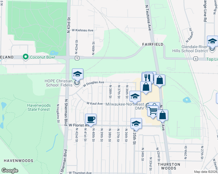 map of restaurants, bars, coffee shops, grocery stores, and more near 3809 West Douglas Avenue in Milwaukee