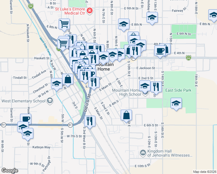map of restaurants, bars, coffee shops, grocery stores, and more near 380 East 2nd South Street in Mountain Home