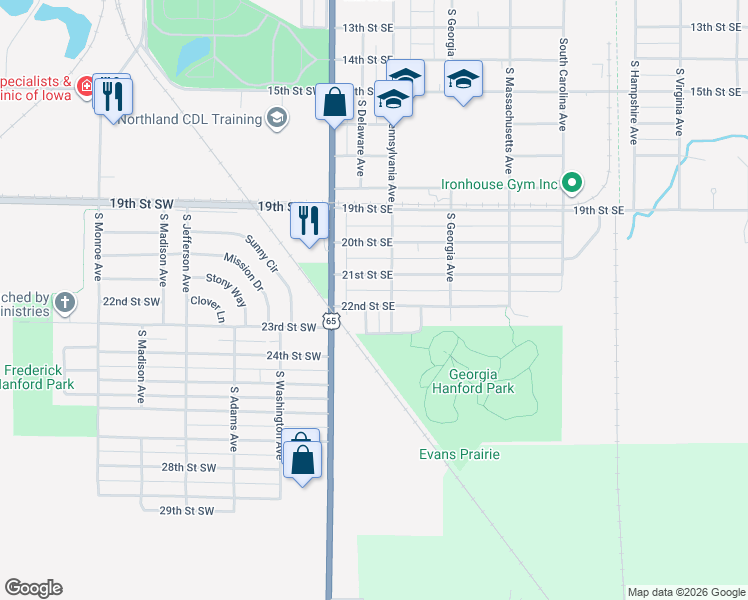 map of restaurants, bars, coffee shops, grocery stores, and more near 104 22nd Street Southeast in Mason City